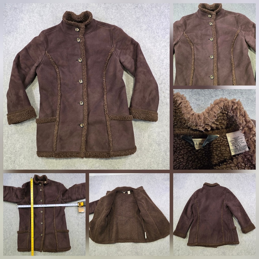 LL Bean Coat Womens Medium Pet Brown Faux Fur Lined Fleece Sherpa Button Front